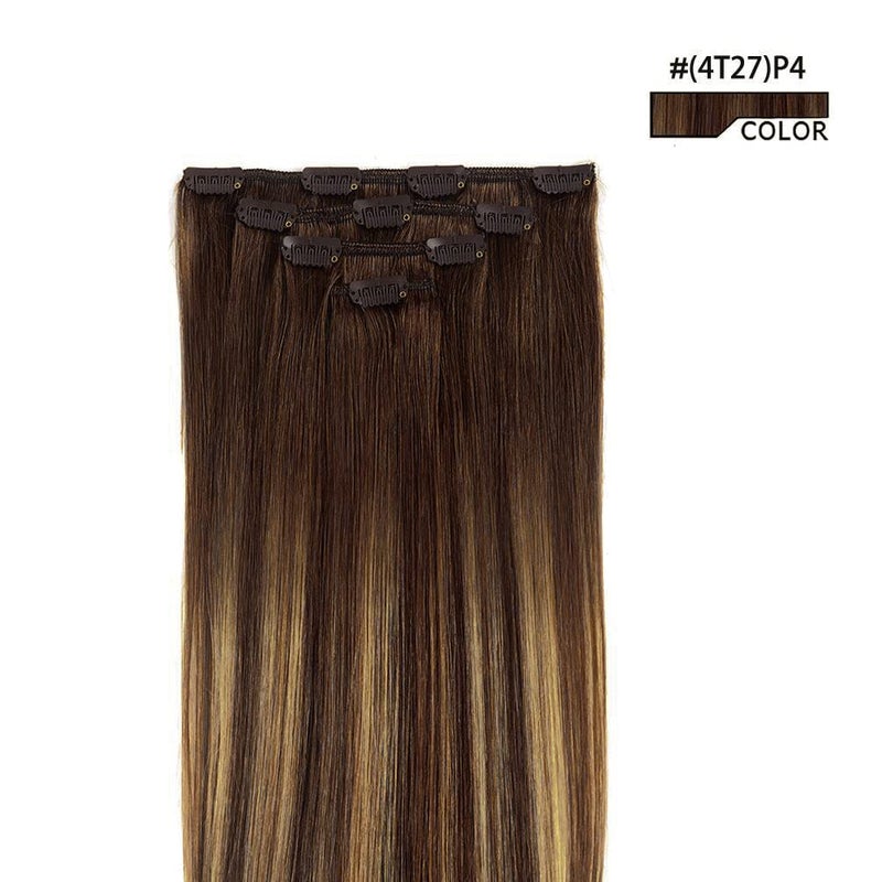 Winsky 12" Hair Extensions Balayage Clip in Human Hair for Women - Silky Straight Chocolate Brown to Honey Blonde Highlight Brown Ombre Hair 50grams 4pieces #(4T27) P4 Color - Image 2
